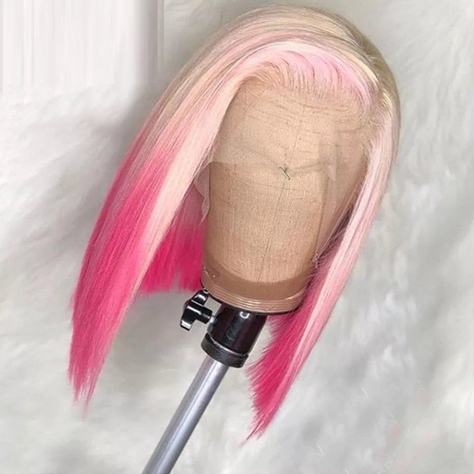 Pink Blonde Human Hair Lace Front Wig – Blunt Cut Ombre