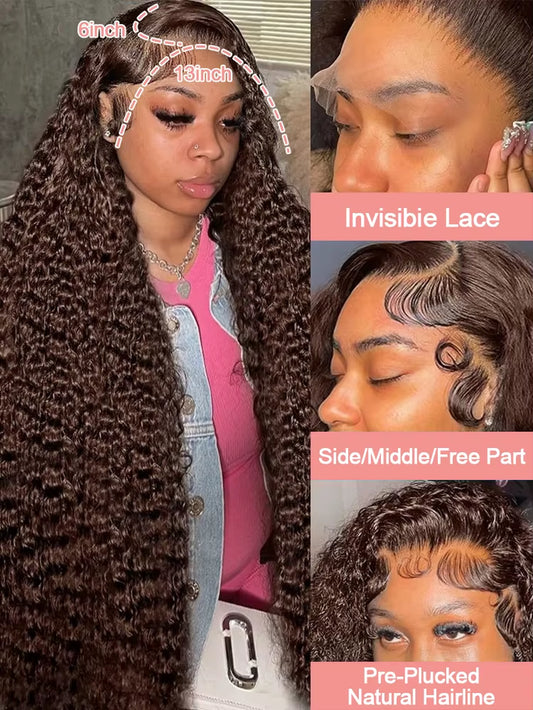 Deep Curly Human Hair Wigs Chocolate Brown 13X4 13X6 Hd Lace Frontal Wig Colored Water Wave Lace Front Wig for Women 30 36 Inch