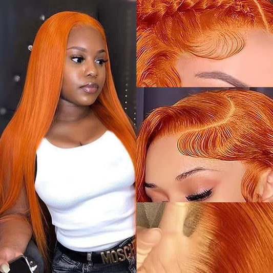 30 Inch Straight Orange Ginger Lace Front Wigs Human Hair 350 Colored Brazilian 13X6 HD Transparent Lace Frontal Wigs for Women