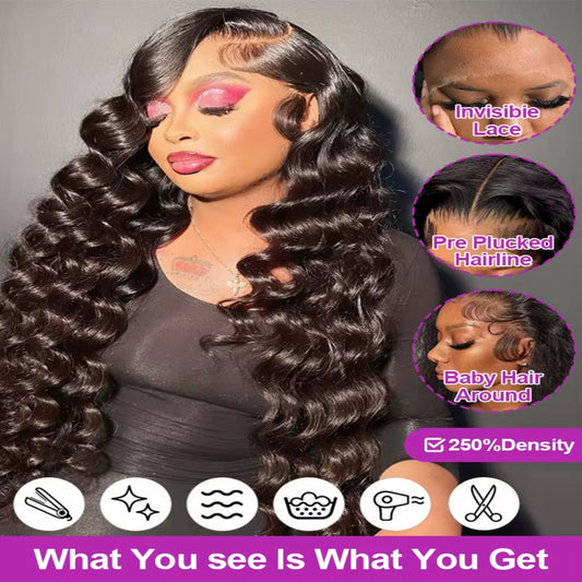 Loose Deep Wave 360 Lace Wig front view showing natural hairline and curls