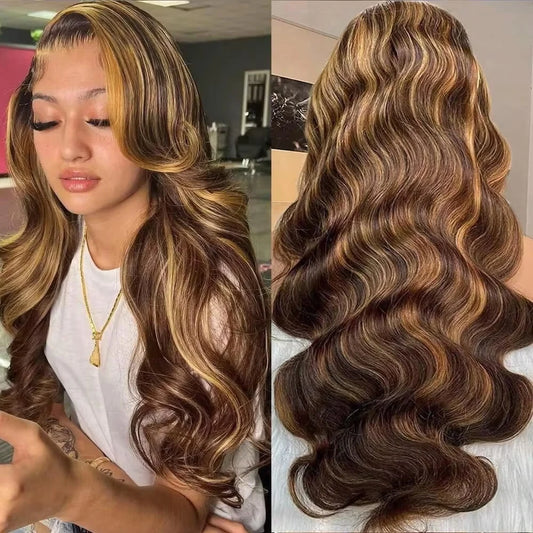 180 200 Density Remy Human Hair Body Wave Wigs P4/27 Highlight Colored 13x4 13x6 HD TranspatentLace Frontal 18-46 Inch Remy Hair