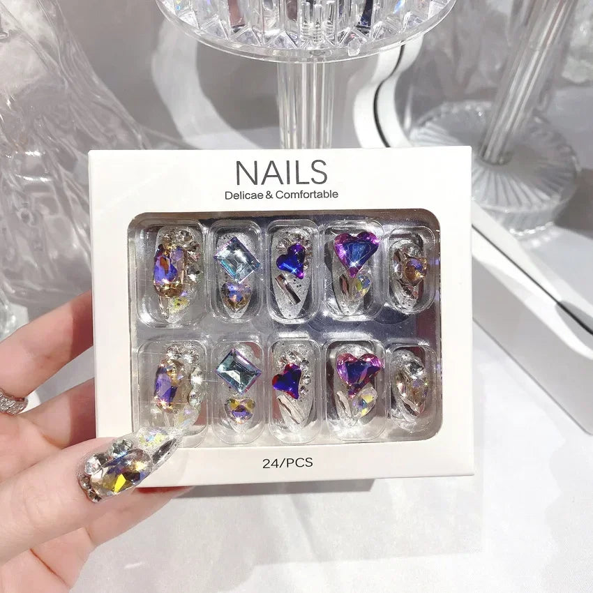 Blue Snowflake Rhinestone Press On Nails Long Full Cover 24Pcs
