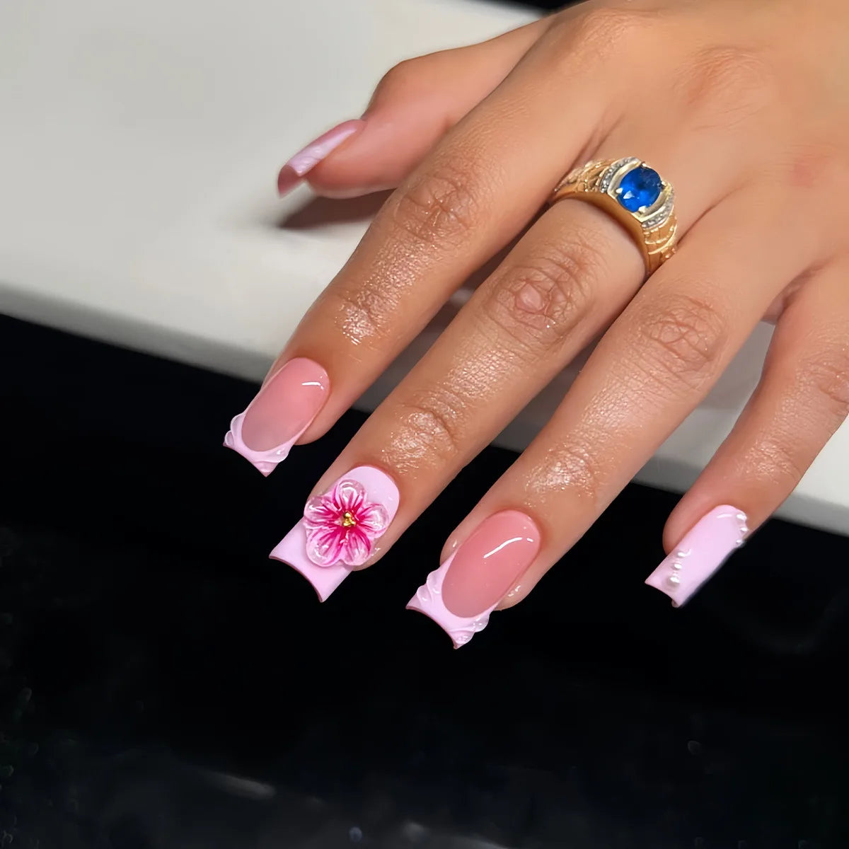 24Pcs Pink French Square Press-On Nails with Flower Design
