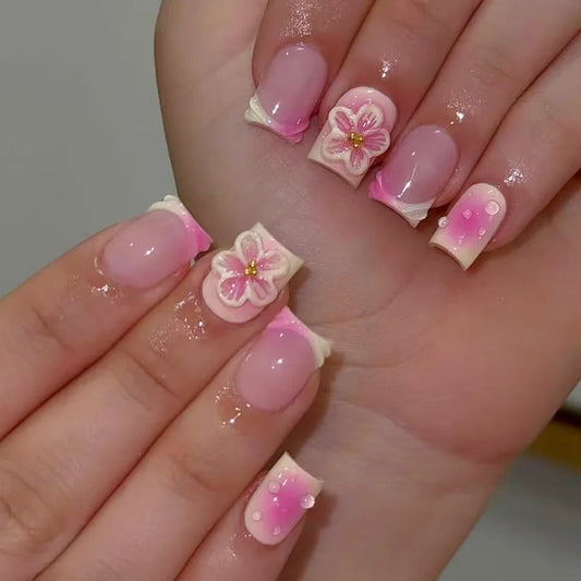24Pcs Pink French Square Press-On Nails with Flower Design