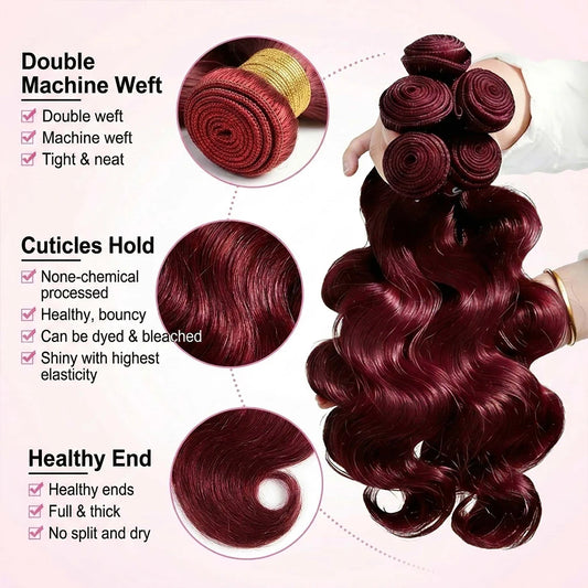 16A Burgundy 99j Body Wave Bundles Human Hair 30 Inch Brazilian Hair Weave Bundle Colored Real Human Hair 3/4 Raw Hair Bundles