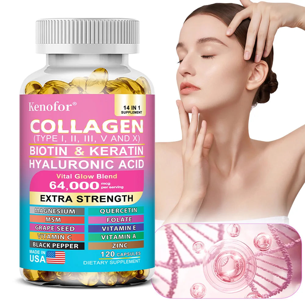 14-in-1 collagen biotin keratin capsules by Kenofor — hair, skin and nails supplement, 30 to 120 count