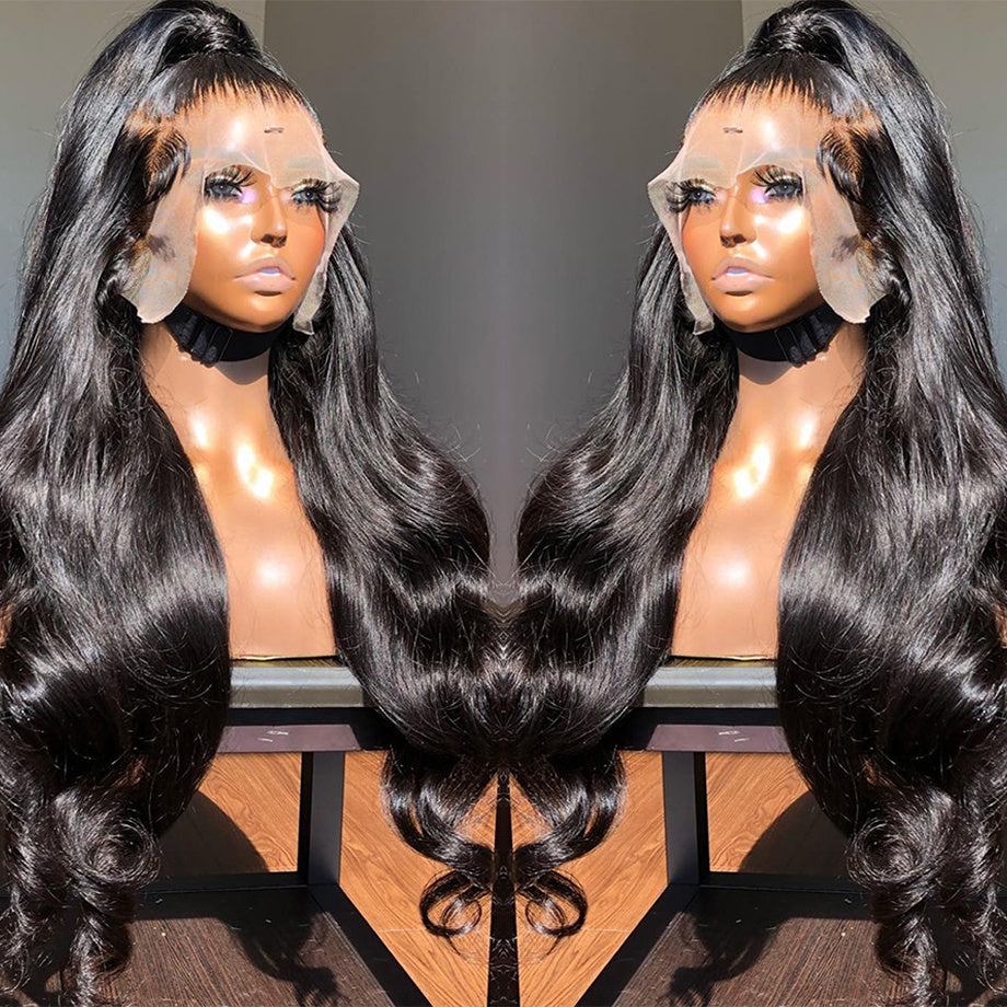 360 lace frontal body wave wig in 9A human hair, 150% density, shown with full perimeter hairline on model