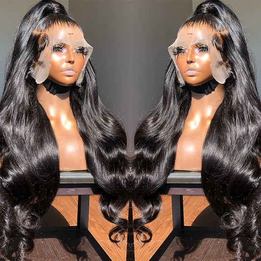 360 lace frontal body wave wig in 9A human hair, 150% density, shown with full perimeter hairline on model