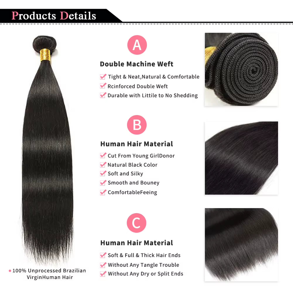 Straight Bundles Human Hair 14-30 Inches Natural Color Brazilian 3 4 Bundle Remy Human Hair Extensions Double Weft Braiding Hair