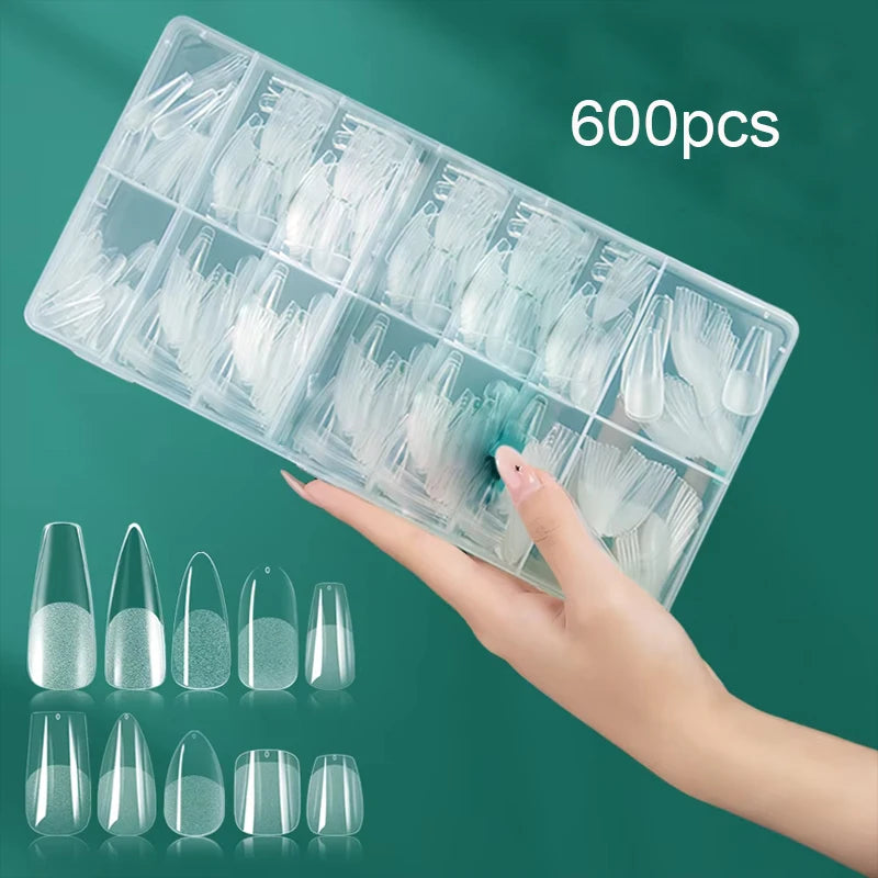 600Pcs Soft Gel Nail Tips Full Cover Coffin Almond Oval Set