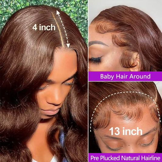 Body Wave Chocolate Brown Lace Front Wigs Human Hair Pre Plucked Brazilian Brown Virgin Hair Glueless HD Frontal Wig for Women