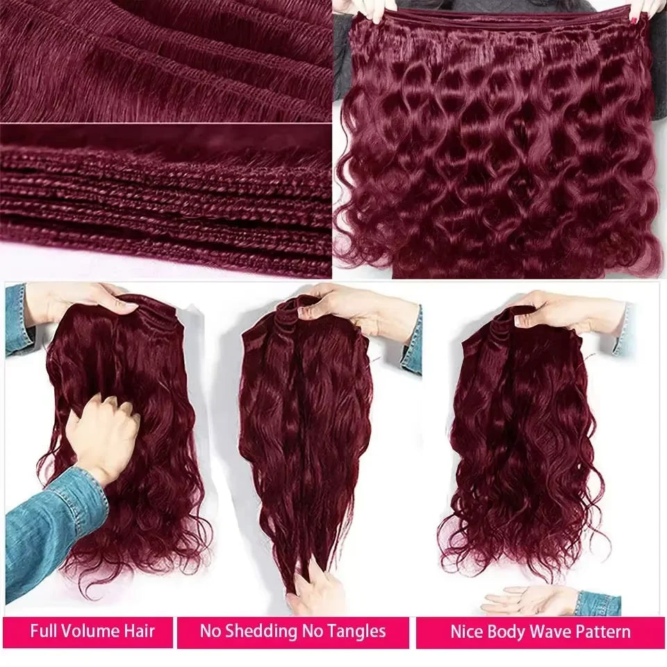 16A Burgundy 99j Body Wave Bundles Human Hair 30 Inch Brazilian Hair Weave Bundle Colored Real Human Hair 3/4 Raw Hair Bundles
