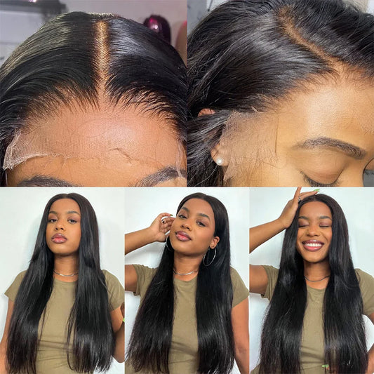 HD lace wig in straight texture, natural black colour, shown on a model