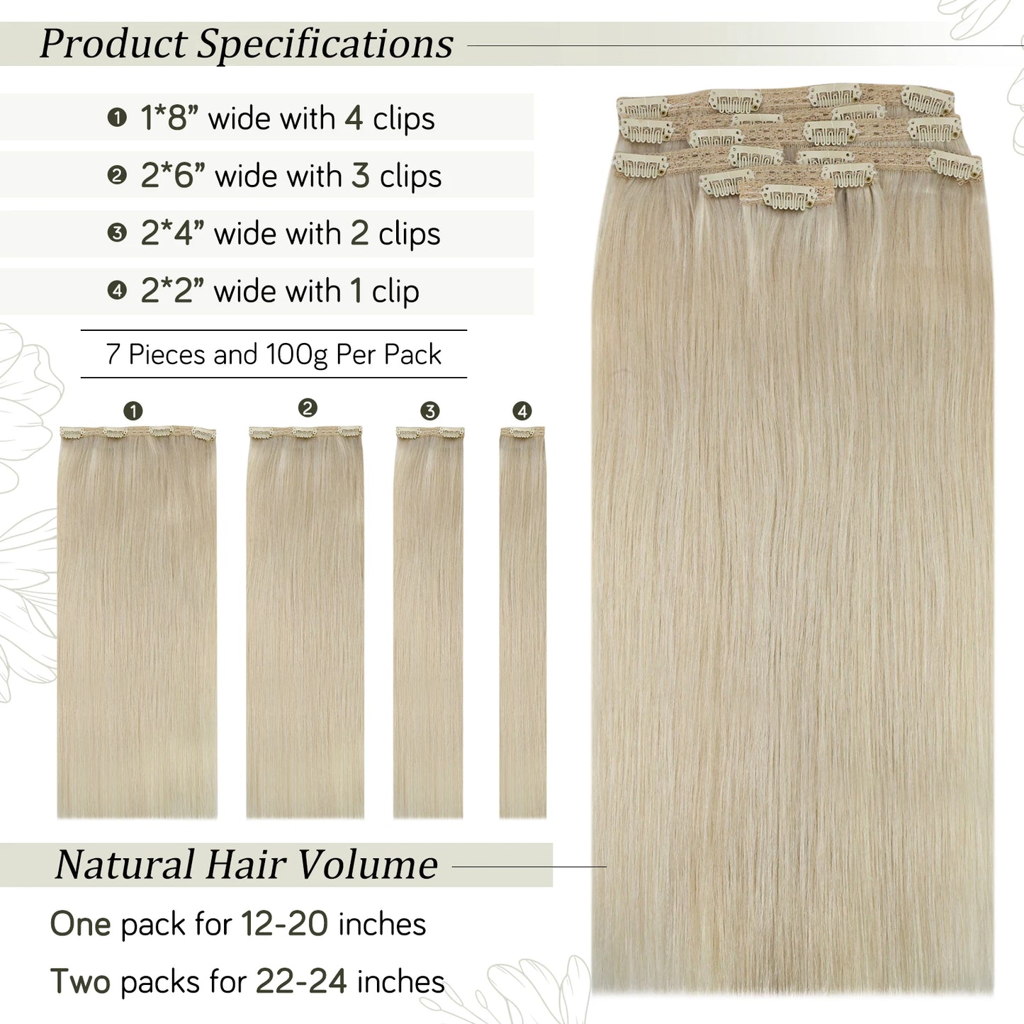 Double Weft Clip In Hair Extensions Brazilian Remy 7Pcs 100g