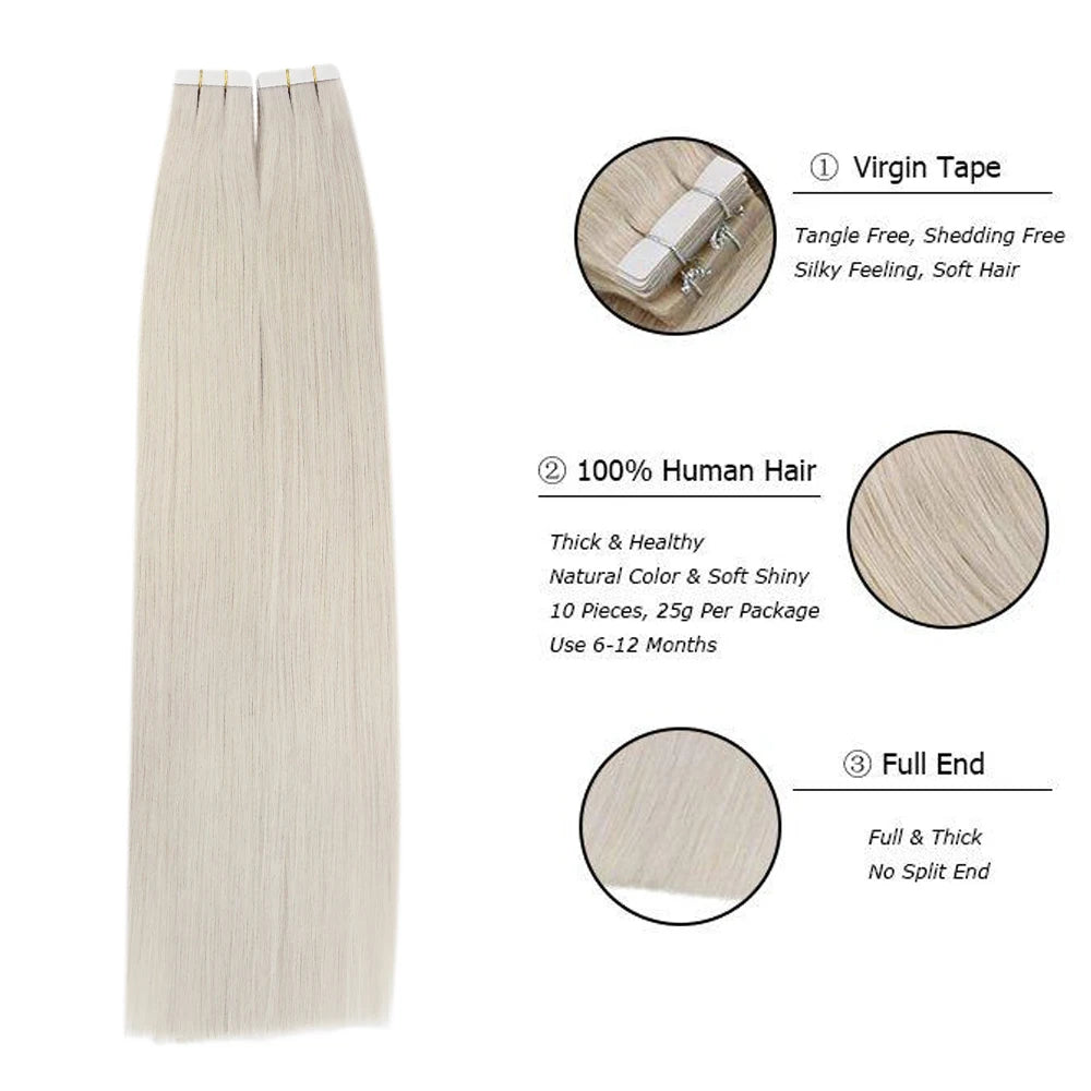 Ugeat Virgin Tape In Hair Extensions – Lasts Up to 12 Months, 10A Grade