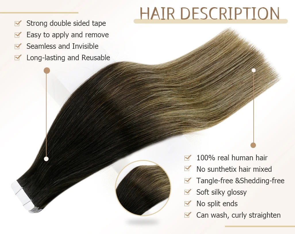 Balayage Tape In Human Hair Extensions – 20Pcs Seamless Remy