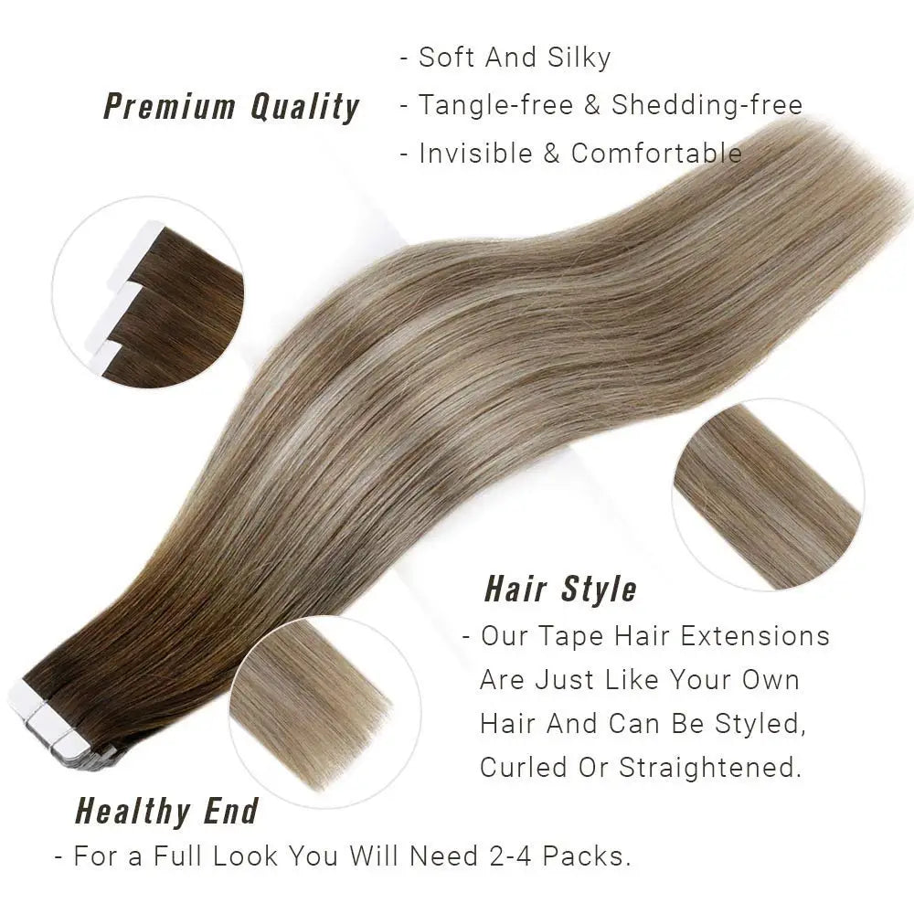 Balayage Tape In Human Hair Extensions – 20Pcs Seamless Remy