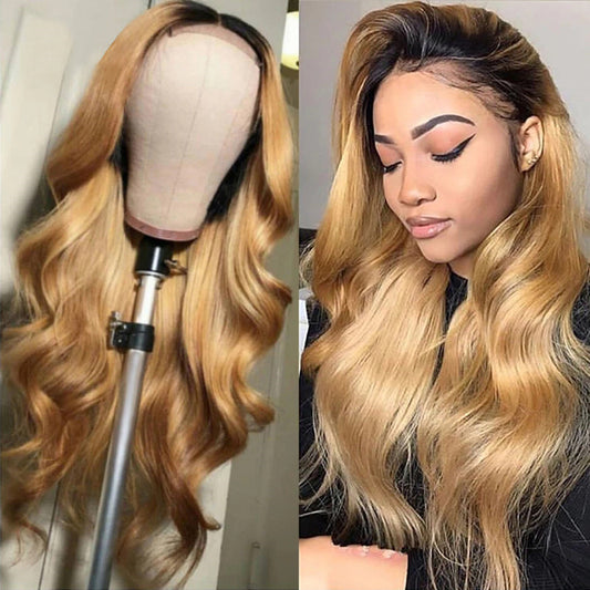 Long curly blonde wig with oblique side swept bangs, heat resistant synthetic fibre, shown on a model