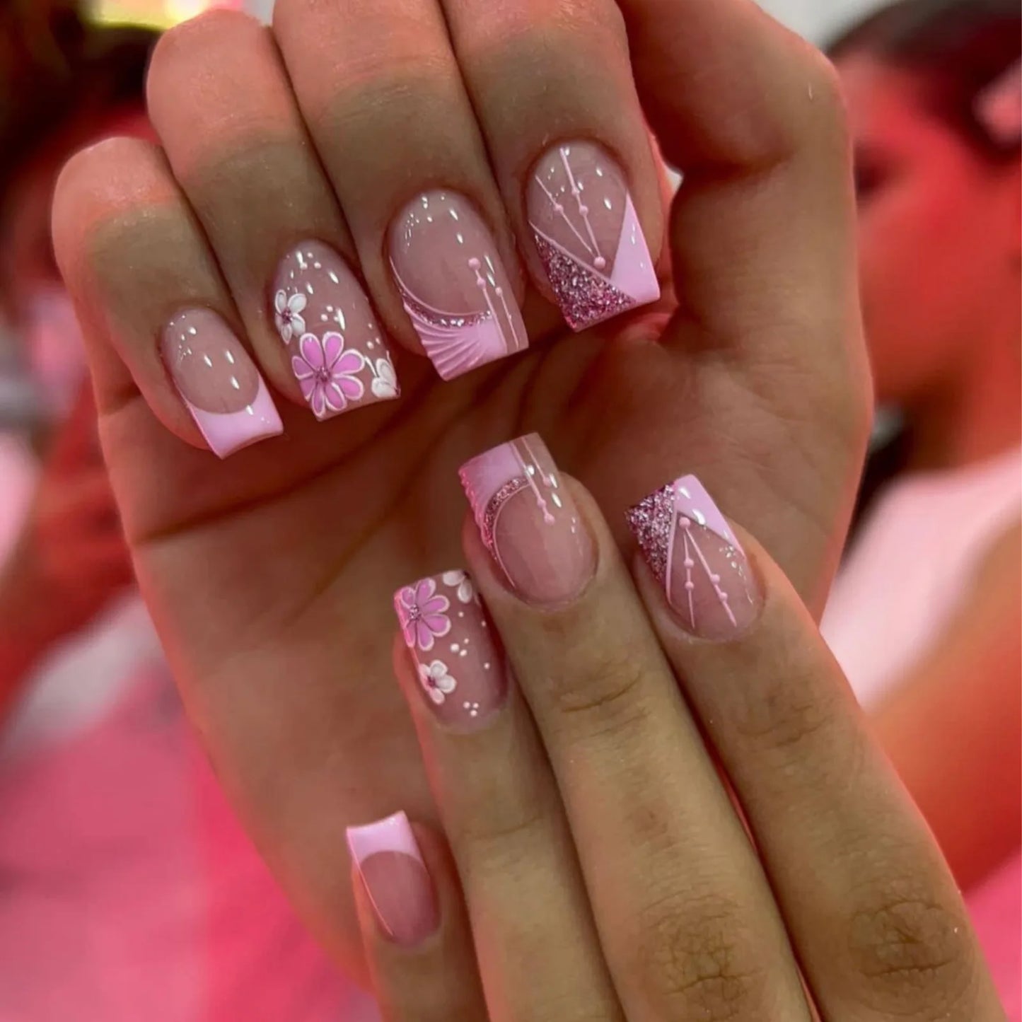 Short Square French Press On Nails Floral Acrylic Set 24Pcs