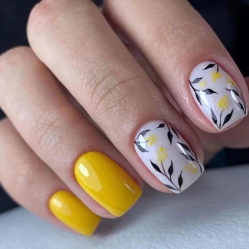 Short Square French Press On Nails Floral Acrylic Set 24Pcs