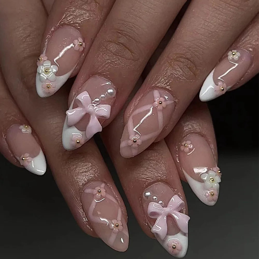 24pcs Cat Eye French Press-On Nails with 3D Bow