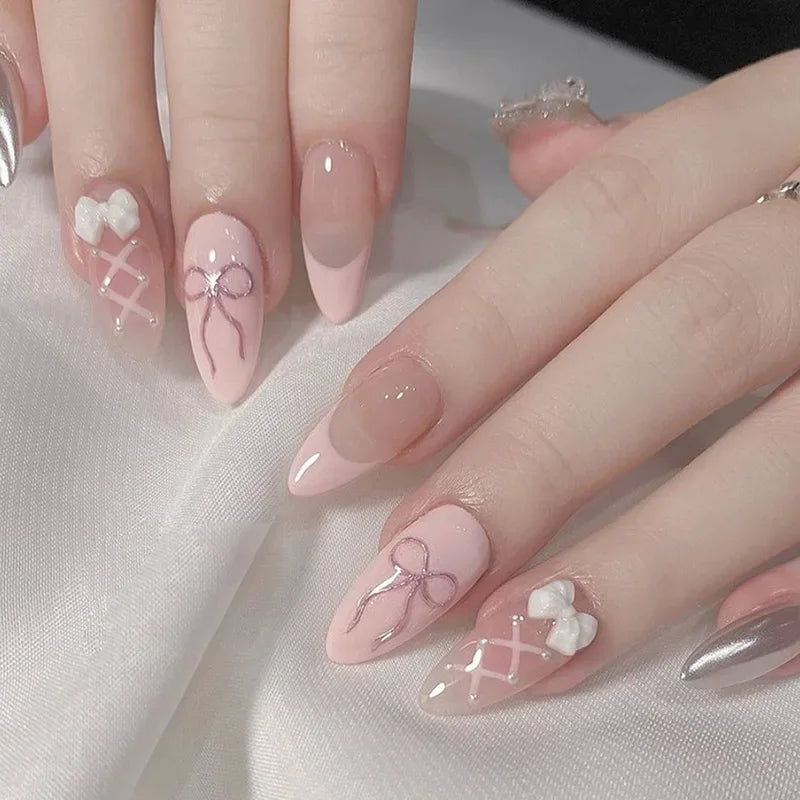 24pcs Cat Eye French Press-On Nails with 3D Bow