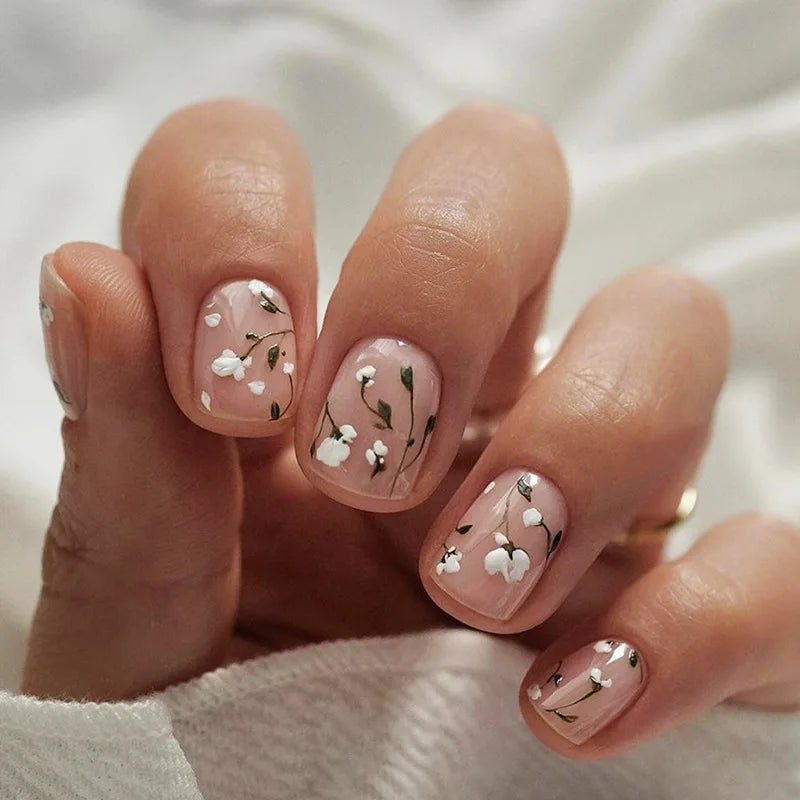 Short Square French Press On Nails Floral Acrylic Set 24Pcs