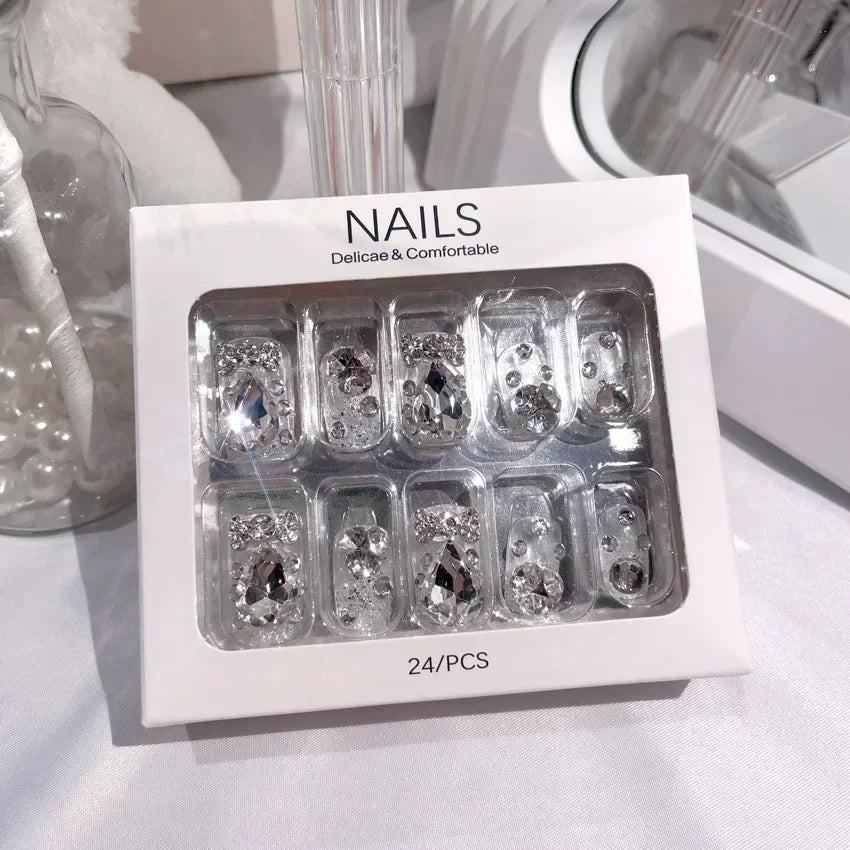 Blue Snowflake Rhinestone Press On Nails Long Full Cover 24Pcs