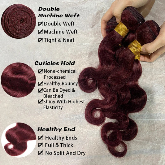 99j Burgundy Body Wave Bundles 3 4 Bundle Colored Wine Red 100% Unprocessed Human Hair Bundles 16A Raw Hair Bundles Extensions