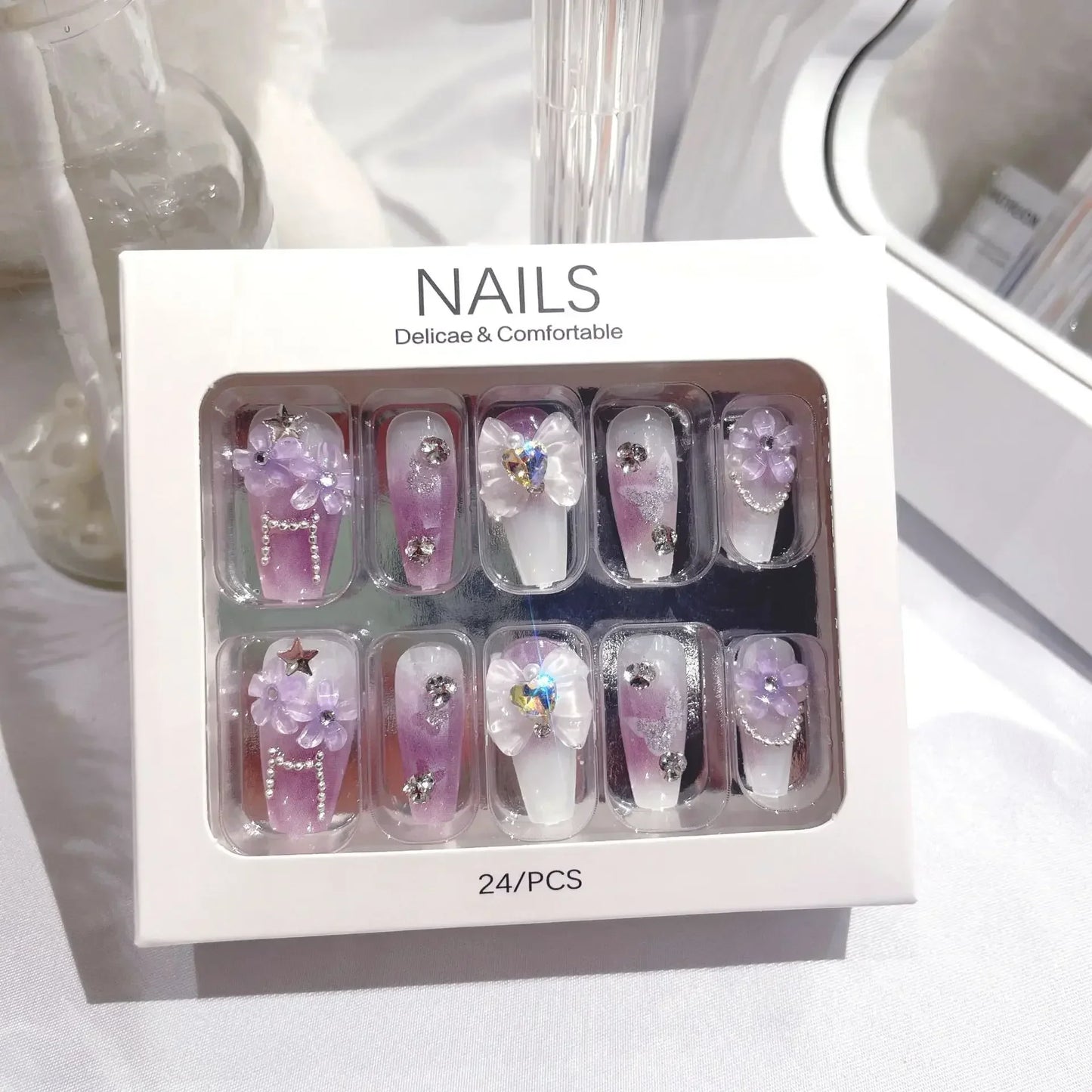 Blue Snowflake Rhinestone Press On Nails Long Full Cover 24Pcs