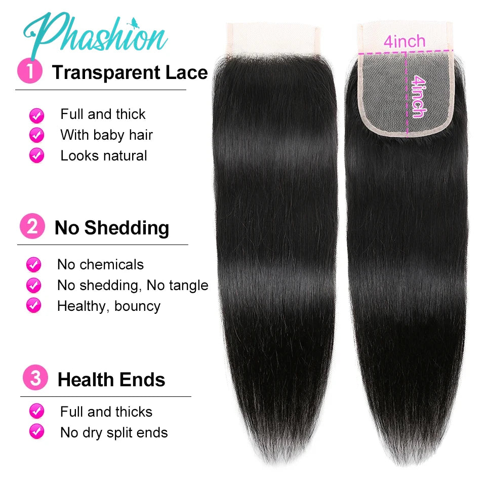 Phashion 24 26 Inch 5x5 4x4 Straight Lace Closure Only Pre Plucked Long Full Swiss Transparent Lace 100% Remy Human Hair On Sale