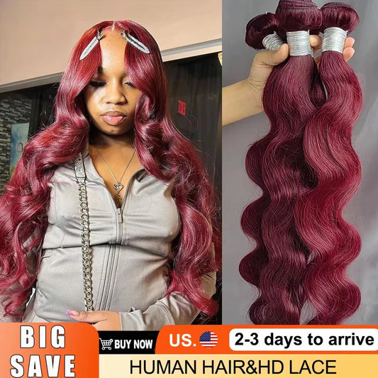 16A Burgundy 99j Body Wave Bundles Human Hair 30 Inch Brazilian Hair Weave Bundle Colored Real Human Hair 3/4 Raw Hair Bundles