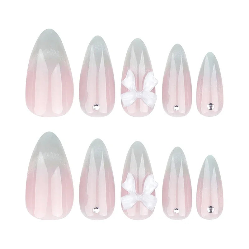 24pcs Cat Eye French Press-On Nails with 3D Bow