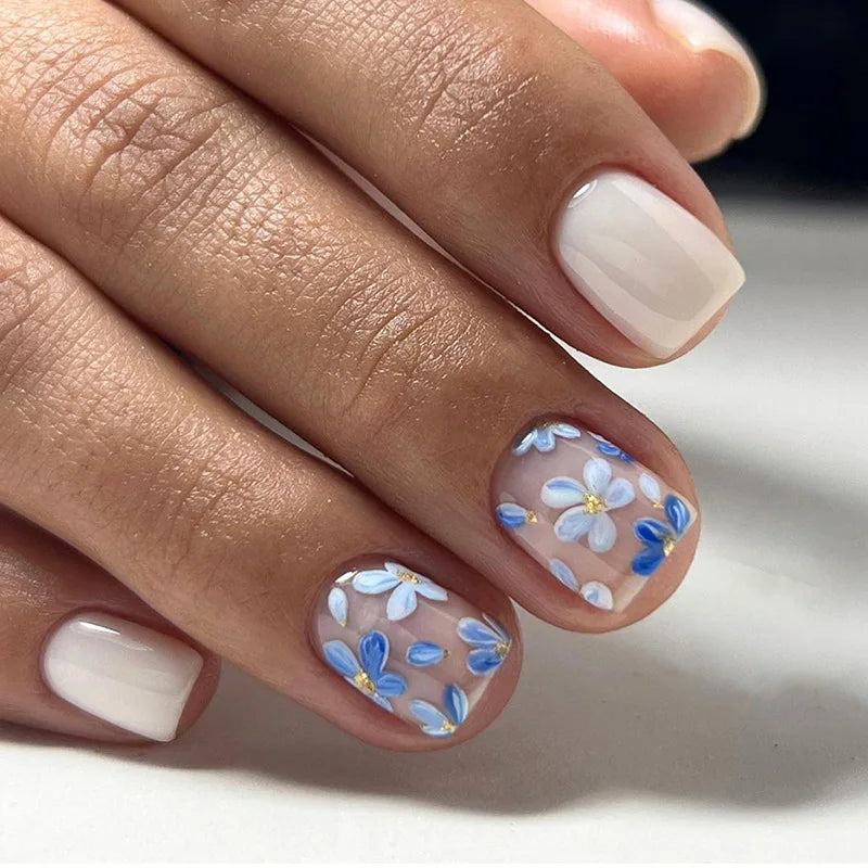 Short Square French Press On Nails Floral Acrylic Set 24Pcs
