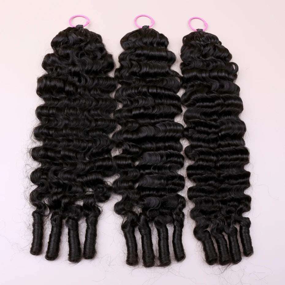 1B Burmese Curly Feather Crochet 100% Human Hair Pre-looped Invisible Miracle Knots Hair Feathered Pre-braided Crochet Human Hair Natural Colored Boho Braids Burmese Curls Hair Weave Bundles Remy Human Hair Extensions 20 22 2