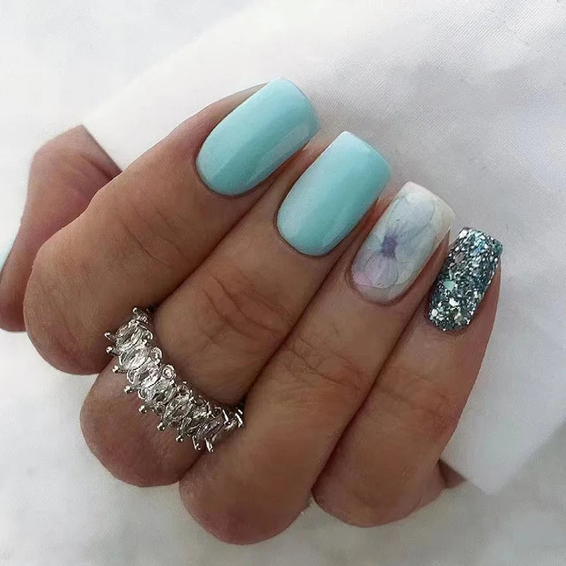 Short Square French Press On Nails Floral Acrylic Set 24Pcs