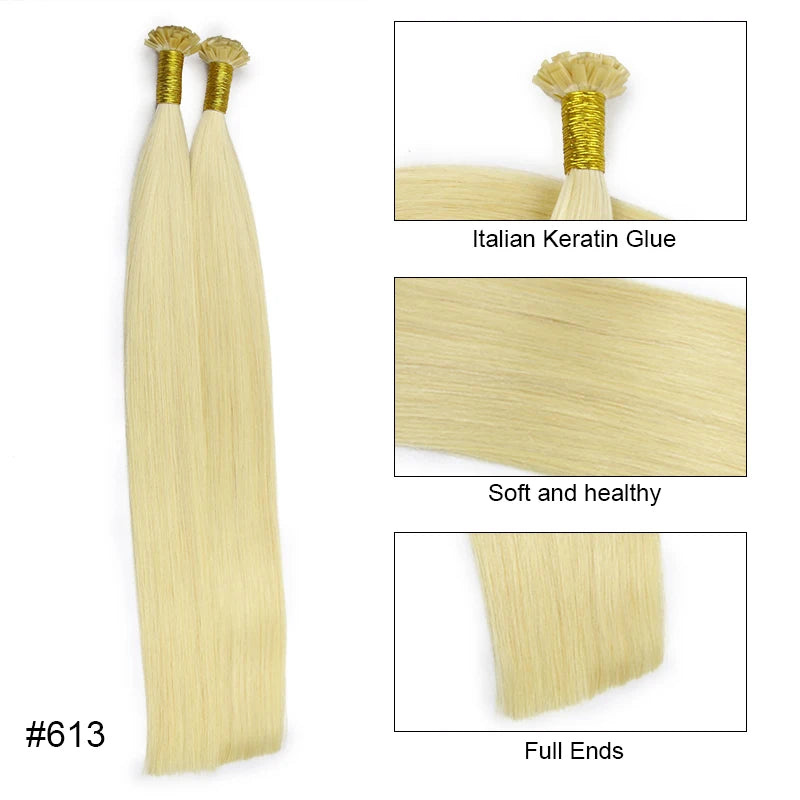 Straight Human Hair Extension By Fusion Flat Tip Keratin Capsules 0.8g/ 1g/Strand 50pcs Natural Hair Extension Ombre Blond Color