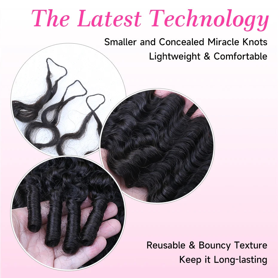 1B Burmese Curly Feather Crochet 100% Human Hair Pre-looped Invisible Miracle Knots Hair Feathered Pre-braided Crochet Human Hair Natural Colored Boho Braids Burmese Curls Hair Weave Bundles Remy Human Hair Extensions 20 22 2