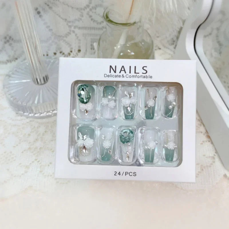 Blue Snowflake Rhinestone Press On Nails Long Full Cover 24Pcs