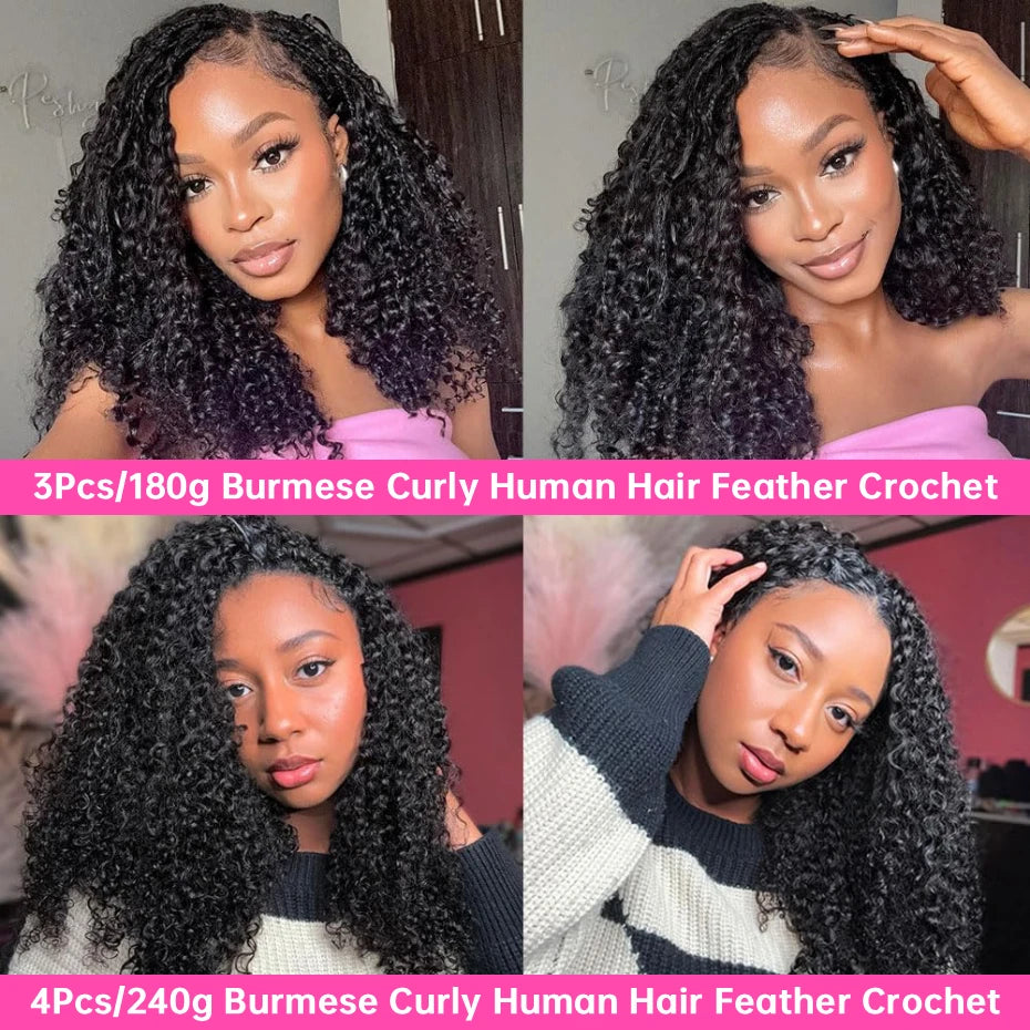1B Burmese Curly Feather Crochet 100% Human Hair Pre-looped Invisible Miracle Knots Hair Feathered Pre-braided Crochet Human Hair Natural Colored Boho Braids Burmese Curls Hair Weave Bundles Remy Human Hair Extensions 20 22 2