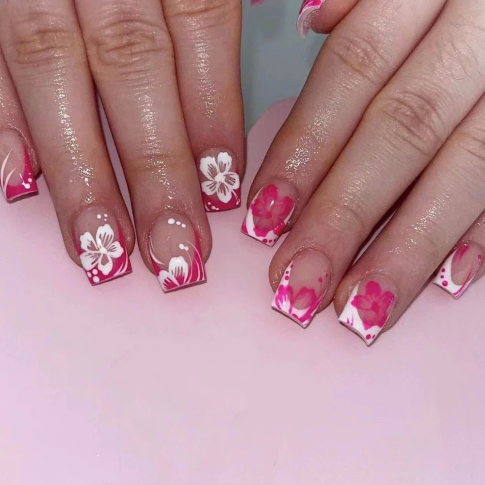 Short Square French Press On Nails Floral Acrylic Set 24Pcs