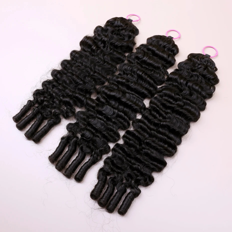 1B Burmese Curly Feather Crochet 100% Human Hair Pre-looped Invisible Miracle Knots Hair Feathered Pre-braided Crochet Human Hair Natural Colored Boho Braids Burmese Curls Hair Weave Bundles Remy Human Hair Extensions 20 22 2