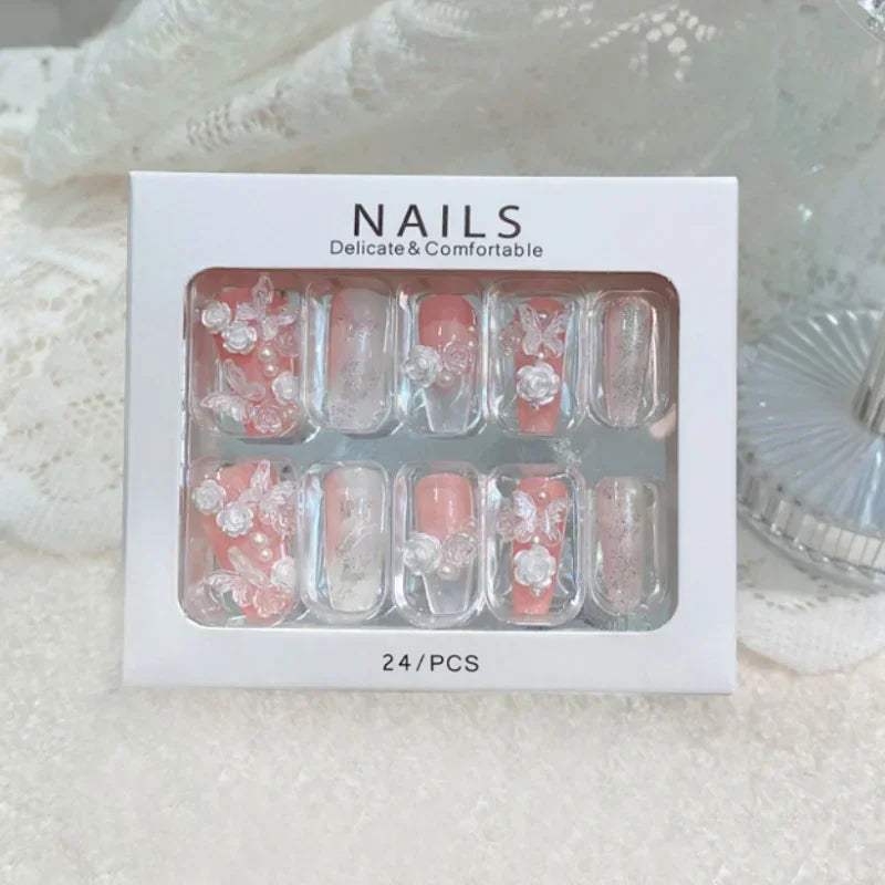 Blue Snowflake Rhinestone Press On Nails Long Full Cover 24Pcs