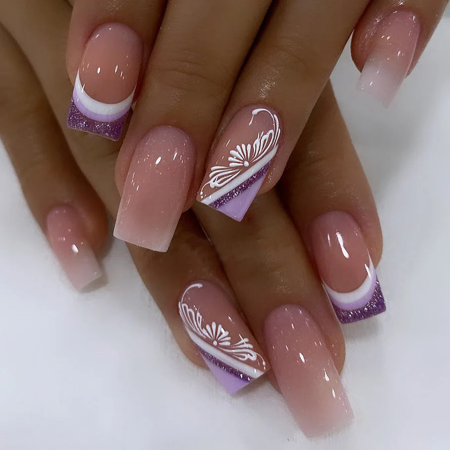 Short Square French Press On Nails Floral Acrylic Set 24Pcs