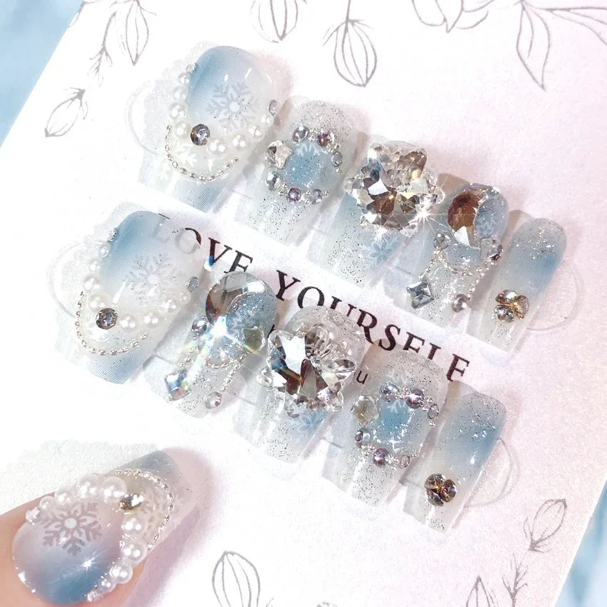 Blue Snowflake Rhinestone Press On Nails Long Full Cover 24Pcs