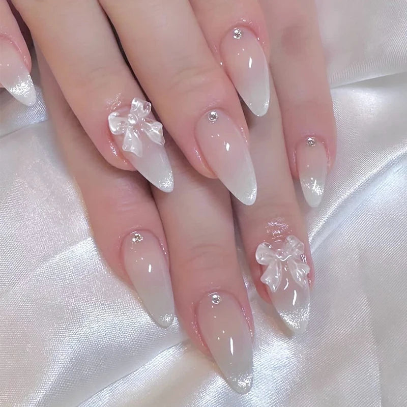 24pcs Cat Eye French Press-On Nails with 3D Bow