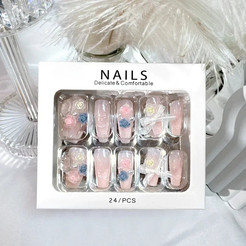 Blue Snowflake Rhinestone Press On Nails Long Full Cover 24Pcs