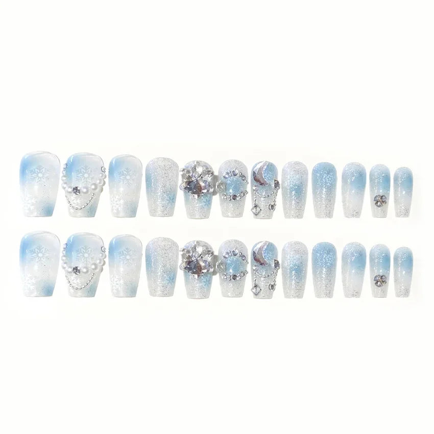 Blue Snowflake Rhinestone Press On Nails Long Full Cover 24Pcs