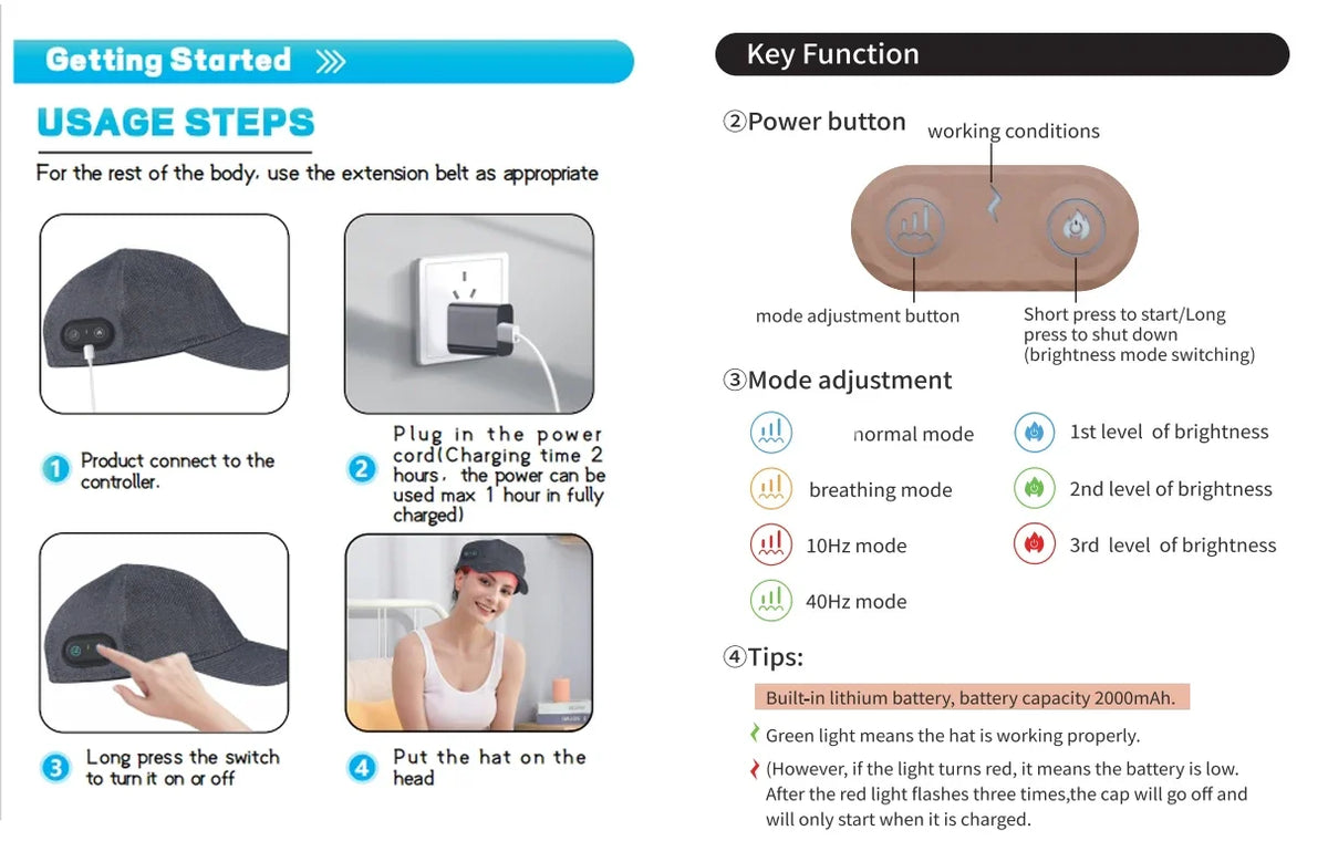 Hair Growth Cap Rechargeable 2000mAh LED Health Light Device Anti Hair Loss Anxiety Stress Reduce Migraine Scalp Relax Massager