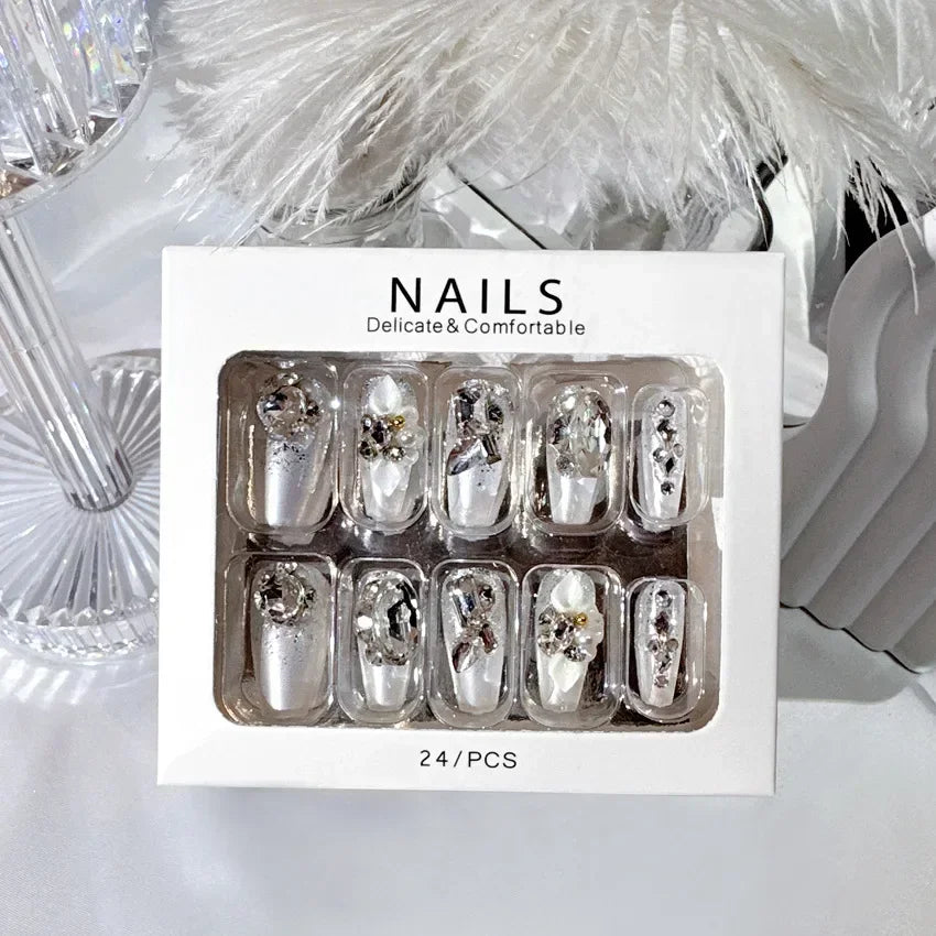 Blue Snowflake Rhinestone Press On Nails Long Full Cover 24Pcs